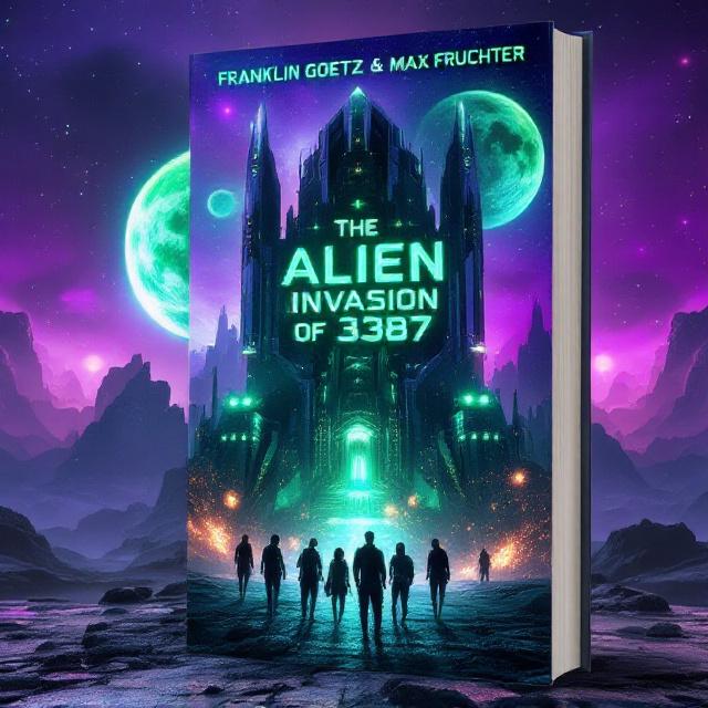 A dramatic futuristic fortress stands against a backdrop of an alien sky, glowing purple and green with twin planets and a ringed moon in the background. The fortress is heavily fortified with sharp angles, energy shields, and laser turrets, evoking a mix of human and alien architecture. In the foreground, silhouettes of characters—perhaps soldiers or adventurers—are in dynamic action poses to hint at the adventure and conflict. Neon explosions add a burst of energy to the scene, reinforcing the action genre.