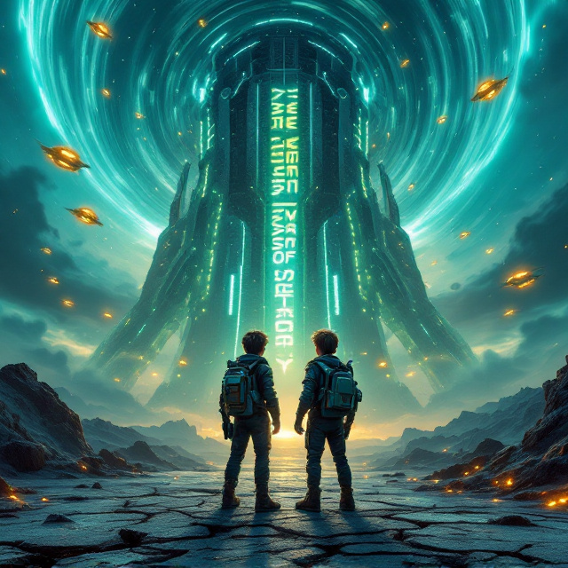 The cover shows two boys standing in front of a massive alien fortress that looms in the background. The fortress is metallic, pulsating with neon hues of green and blue, giving it an otherworldly appearance. The boys, dressed in futuristic yet rugged attire, are equipped with improvised gadgets like a plasma rifle and a translator radio. The scene is set at dusk, with a swirling sky filled with alien spacecrafts glowing with warm yellow lights. One of the boys is gesturing towards the fortress with determination, while the other grips a gadget, ready for action. The foreground features cracked terrain, hinting at destruction, while faint alien symbols are etched into the ground.