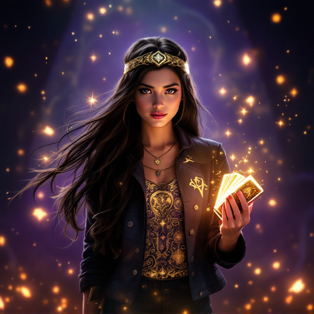 Freddie stands confidently in the foreground, her long dark hair flowing, a gold headband gleaming under mystical light. She is wearing a trendy jacket over her magical costume, showcasing a mix of modern and magical elements. In her right hand, she holds a deck of Shadow Cards emitting a luminous, spellbinding glow. Behind her, a second character from Auradon Prep stands slightly behind and to the side, illuminated by a soft, golden light. The background is a deep purple-to-dark-blue gradient with swirling mystical symbols and glowing voodoo-inspired designs. Shadowy shapes subtly emerge from the background to evoke danger and mystery.
