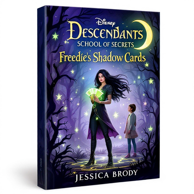 Freddie stands confidently at the center of the cover, slightly angled toward the reader. Her long dark hair flows dramatically in the mysterious purple and dark blue swirling background filled with faint glowing mystical voodoo symbols. She holds a fan of glowing Shadow Cards in one hand, cards emitting a spellbinding greenish-purplish aura. Beside her, a second character from Auradon Prep—clad in light pastels, representing warmth and light—stands at a distance, looking concerned but resolute. The two are connected by a thin thread of glowing magic intertwining between Freddie's cards and the Auradon student's hands. Shadowy outlines of trees from a mystical swamp subtly frame the edges. A large crescent moon hangs in the top right corner, adding to the fantasy aura.