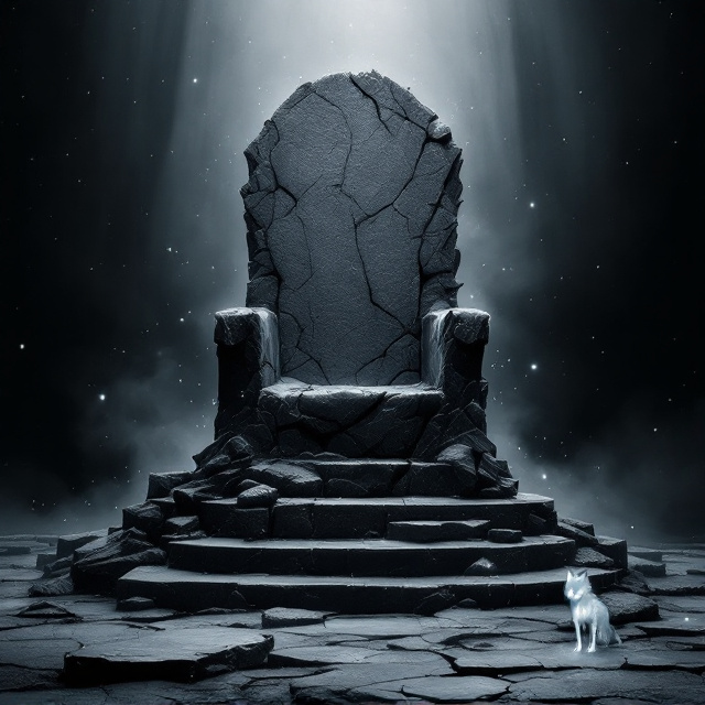 The cover features a shattered and crumbling stone throne at the center, shrouded by swirling, dark shadows. The throne sits on a cracked marble dais bathed in dim, ethereal gray light, which adds an atmosphere of despair and mystery. A spectral outline of a wolf emerges subtly from the shadows in the foreground, its glowing eyes locked on the reader. The background fades into gradients of dark gray and black, dotted with small, ghostly white specks mimicking distant stars or ash, adding depth and texture. The overall composition exudes a tone of loss, danger, and fleeting hope.