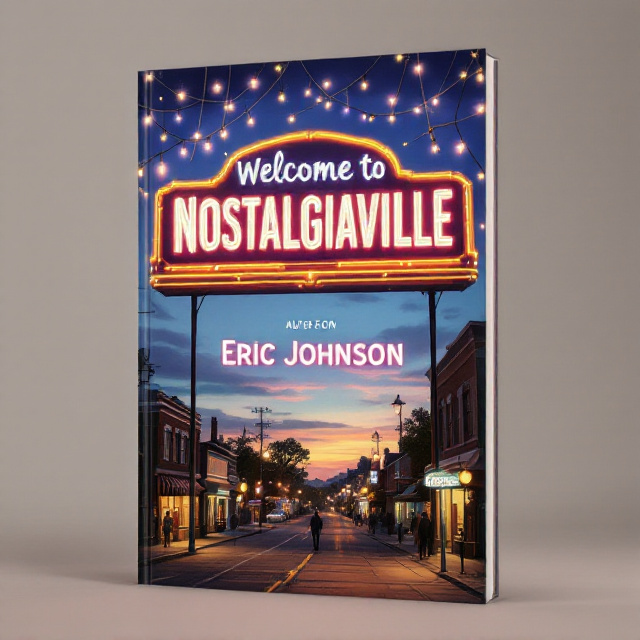 A bold, brightly-lit marquee stretches across the upper half of the cover with the words "Welcome to Nostalgiaville" in luminous, neon-like letters, evoking the signage of vintage theaters or fairgrounds. The marquee is positioned against a twilight sky streaked with soft purples, oranges, and blues. Below the marquee, a faded small-town boulevard is seen, lined with glowing shop windows and silhouettes of people walking, rendered in soft, painterly strokes. Threads of twinkling lights drape overhead, adding to the magical and dreamlike quality. The marquee itself gives off a golden glow, casting a nostalgic ambiance.