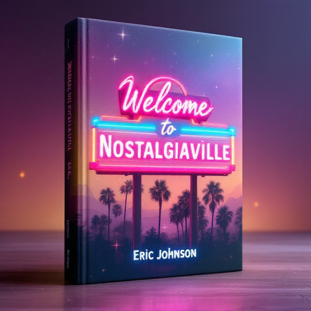 A massive, glowing marquee dominates the entire front cover, stretching from edge to edge. The sign reads "Welcome to Nostalgiaville" in vibrant, neon-style lights in a variety of pastel colors. The background is a dreamy gradient transitioning from a dusky purple at the top to a warm amber at the bottom, representing the passage of time. Small, subtle flecks of glitter-like stars faintly scatter across the gradient, giving a magical and ethereal feel while keeping the focus on the marquee. The marquee itself is detailed with retro metallic elements, with faint reflections and shadow to add dimensionality.
