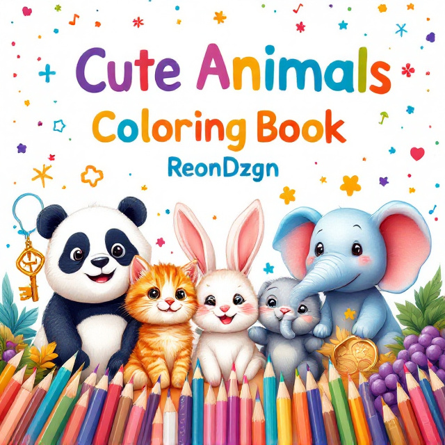 The cover features a variety of charming animals including a smiling panda, a playful kitten, a cheerful bunny, and a happy little elephant, all illustrated in bright, cheerful colors. The background is a soft, pastel blend of hues with playful doodles scattered around. Colored pencils are illustrated spilling out playfully across the bottom of the cover, emphasizing the creative aspect of the coloring book. A golden key is subtly placed among the doodles, and a bunch of grapes is integrated into the design to add a whimsical touch.