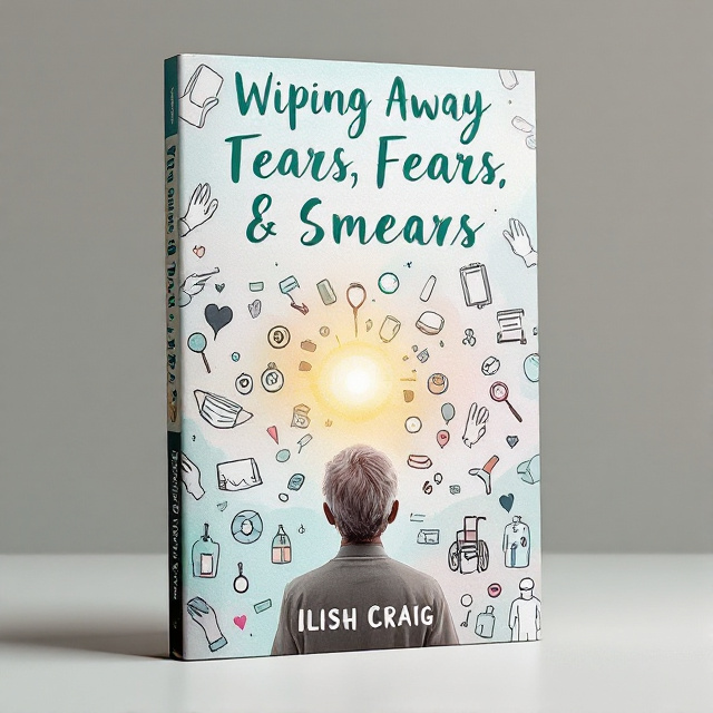 Doodles of medical gloves, badge reels, masks, gowns, and a wheelchair are scattered across the front cover. The background consists of a blend of soft pastels, subtly infused with darker tones to suggest the themes of love, loss, hardship, and resilience. In the center, an elderly silhouette rises with a slight golden glow, signifying hope and resilience.