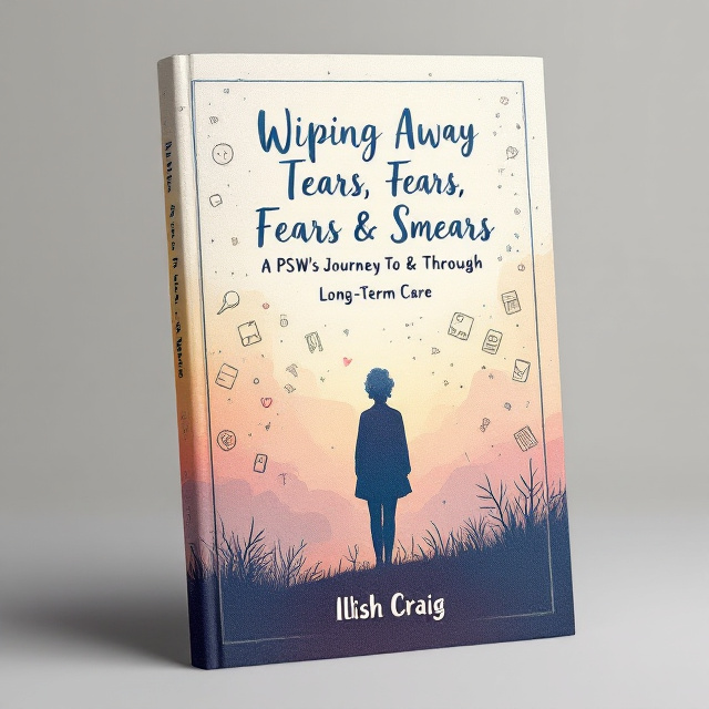 A blend of pastel hues gradually darkens towards the bottom, symbolizing the journey from hope to hardship. Layered in the background are delicate medical doodles depicting stethoscopes, bandages, and medical charts. In the foreground, a silhouette of an elderly figure rises gracefully, portraying resilience amidst challenges. Thin, subtle borders frame the entire cover, providing a structured aesthetic.