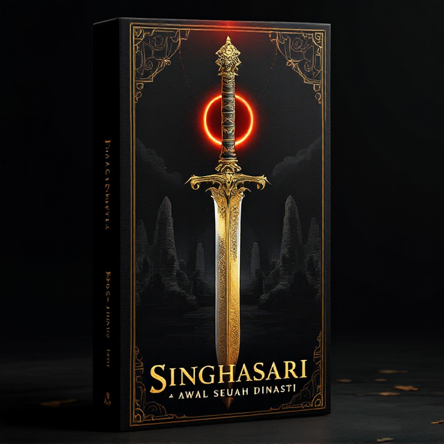 The deep black background sets an atmosphere of mystery and regality. At the center, a finely detailed golden kris stands upright, its ornately carved hilt reflecting power, destiny, and betrayal. Subtle, intricate Javanese patterns in dark gray emerge faintly in the background, adding texture and historical depth. In the distance, a misty silhouette of ancient Javanese temple ruins fading into darkness can be seen, evoking the lost glory of an empire. Above, a faint blood-red eclipse looms, symbolizing fate and the inevitable rise and fall of kingdoms.