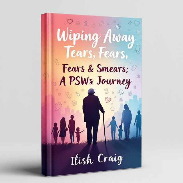 The cover features a pastel background transitioning into darker shades, portraying the journey from love and hope to hardship and resilience. The focal point is a central silhouette of an elderly figure standing with a cane, surrounded by subtle medical doodles like stethoscopes, heart monitors, and pills illustrating medical struggles. In the backdrop are faint images of family and supportive hands, blending into the background to signify a journey through various stages of life.