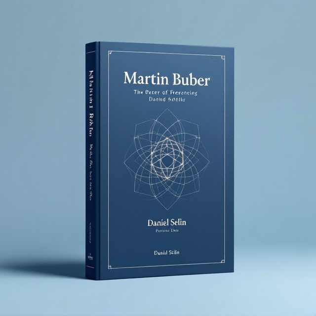 A minimalist design featuring a monochromatic color palette with shades of blue to evoke a professional and academic tone. Central to the design is a geometric pattern that symbolizes interconnectedness, a nod to the philosophical themes of Martin Buber’s work. A subtle gradient effect in the background adds depth without distraction.