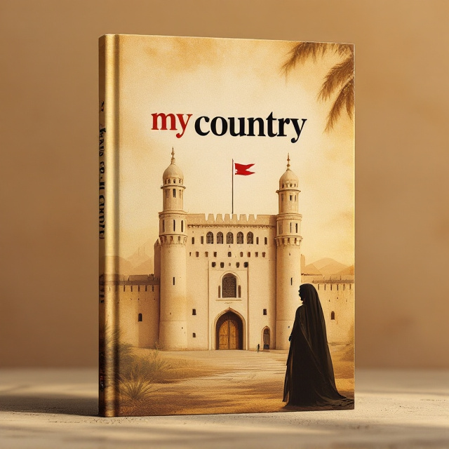 The cover features the iconic Bahrain Fort prominently in the background, with the Bahrain flag waving in the top-left corner. A subtle but recognizable silhouette of a Bahraini woman adorned in traditional attire is placed in the lower-right corner, facing forward. The background is a blend of historical textures and warm, sandy tones that evoke a sense of history and heritage.