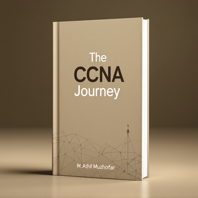 The cover features a clean, understated background in a soft khaki tone. In the foreground, there is a subtle abstract network graph in a slightly darker shade of khaki, symbolizing connectivity and learning. The title, "The CCNA Journey," is prominently placed in the center, with an icon of a minimalist compass subtly incorporated behind the title to emphasize the journey aspect. The author's name, M.Athif Muzhoffar, is placed at the bottom in a neat, smaller font size.