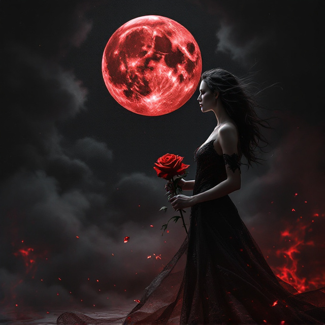 A haunting night scene dominates the cover. The backdrop contains a textured dark gradient of blacks and deep burgundies, evoking mystery. The large, crimson-tinged blood moon is central in the upper third, surrounded by wispy clouds and subtle low-lying mist that ties the elements together. The female figure stands prominently in profile in the foreground to the right, her flowing dark hair rustling slightly as if affected by wind. She wears a sleek dark gown with intricate accents of lace and leather. Her gaze is firm and unwavering at the moon. Held in her hand is a crimson, withering rose, its petals adorned with gleaming droplets of blood. The male silhouette lingers faintly in the lower left background, cloaked by the mist, creating a sense of enigma.