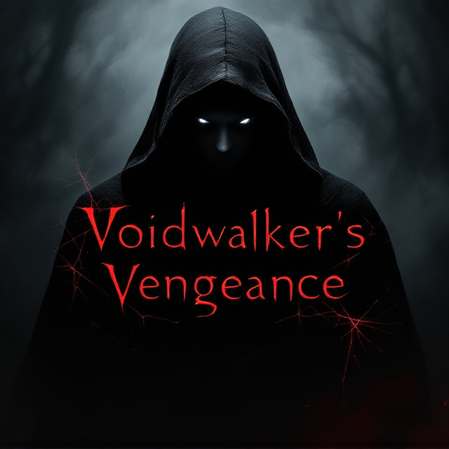 A man cloaked in shadow dominates the composition, with his silhouette blending into a swirling void-like background. His piercing white eyes are the only visible detail, glaring out with an emotionless intensity. The backdrop transitions from deep black into faint gradients of dark gray, giving an ethereal, ghostly effect. A faint red tint emerges near the bottom, symbolizing unrest and vengeance. Sharp, cracking lines resembling shattered glass appear in the corners, subtly framing the shadowed figure while hinting at betrayal.