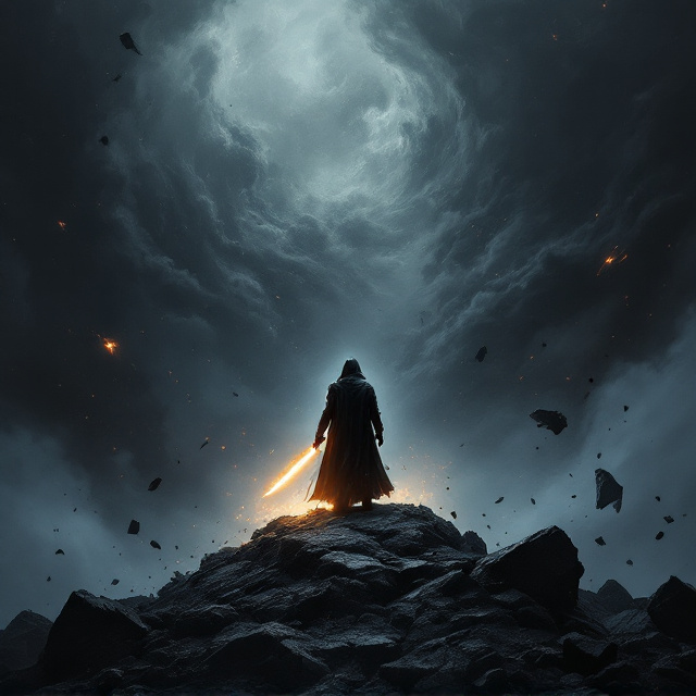 A lone, shadowy figure stands at the edge of a shattered void, the background depicting swirling black and gray cosmic clouds. Jagged debris floats around, creating a sense of chaos and destruction. The figure wears a tattered cloak, holding a gleaming blade with a faint golden glow, a stark contrast to the dark tones. A dim crimson hue encircles the title, radiating an aura of vengeance. The foreground fades into darkness, symbolizing mystery and betrayal.