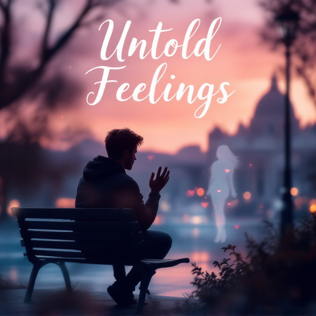 A softly blurred image of Vatican City in the background during twilight, with a prominent silhouette of a shy young man sitting on a bench. His posture conveys hesitation and emotional vulnerability, surrounded by a faint glow that suggests the warmth of his internal feelings. Floating near him, an ethereal outline of a woman, symbolizing his unspoken love, is subtle yet discernible, blending into the warm sunset tones. The color scheme is a mix of pastel pinks, oranges, and faint purples, evoking a romantic yet tender atmosphere.