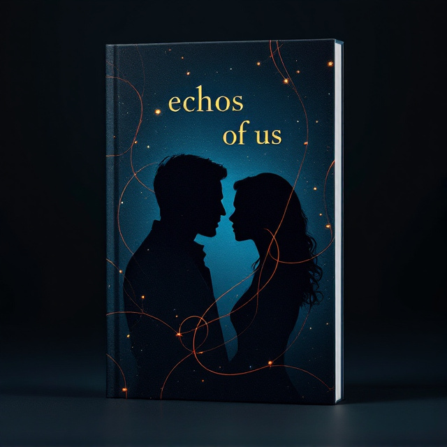 A deep dark blue background envelops the cover. In the foreground, there is an ethereal, faint silhouette of a man and a woman facing each other, their outlines barely perceptible but lending a mysterious allure. A thin, red string subtly weaves through the cover, connecting the two figures in a delicate dance that hints at fate and connection. The string twines and loops softly through the silhouettes, creating an intricate and romantic pattern.