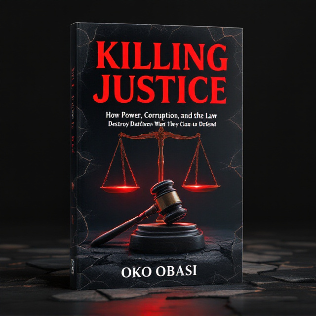A dark, dramatic background featuring a cracked gavel sitting on a fractured courtroom desk. Behind the gavel is an ominous silhouette of scales of justice, but the scales are unbalanced and distorted. A dim red glow radiates from the cracks, suggesting themes of corruption and decay. Shadows of hidden hands manipulating the scales appear faintly in the background.