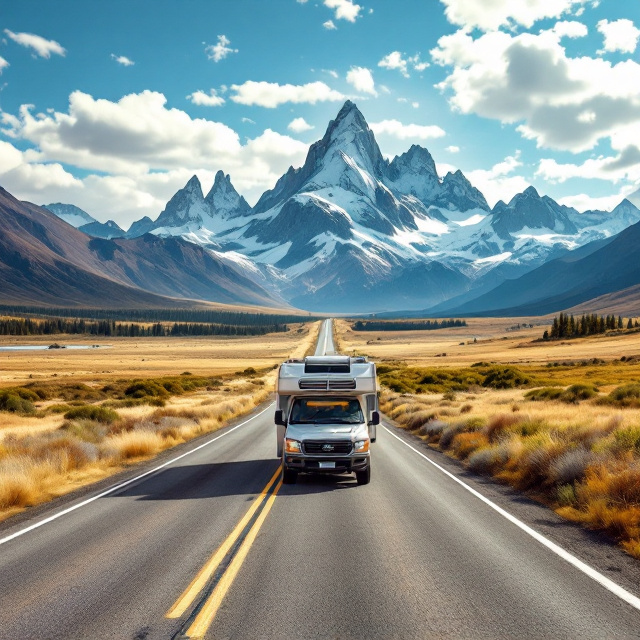 A vibrant depiction of an open winding Patagonian road leading directly to the majestic Mount Fitz Roy in the background. A truck-camper is prominently featured in the center of the road, packed with gear. The landscape showcases the vast Patagonian wilderness with open skies, scattered clouds, and natural elements such as wild grasses and distant forests. The tones are soft yet rich, emphasizing the natural colors of the region – blues, greens, and browns – highlighting the theme of freedom and exploration.