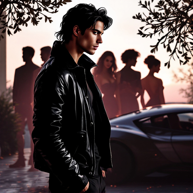 The cover features the main female protagonist—a pretty black-haired girl with a delicate, "good girl" vibe—positioned prominently in the foreground. Her pose is demure yet teasing, with a slight smile and a subtle glint in her eyes. Behind her stands the main male character, a tall, brooding "bad boy" with striking black hair, wearing a leather jacket, leaning slightly towards her but maintaining a confident distance. Four male silhouettes (the bad boys) are arranged in the mid-background, creating depth, while five female figures are grouped further back. One of these girls (the standout, rebellious one) is dressed in a party outfit and appears to be laughing mischievously, while another clutches a book close to her chest. A sleek car barely visible to the right side of the frame hints at intrigue, with one girl seated in it, gazing toward the bad boy. A subtle lily motif is etched into the background, resting in the bottom corner for symbolism. The overall shading is a mix of grey monotone gradients, punctuated with deliberate pops of muted red on small details like the boy’s jacket and the lily.