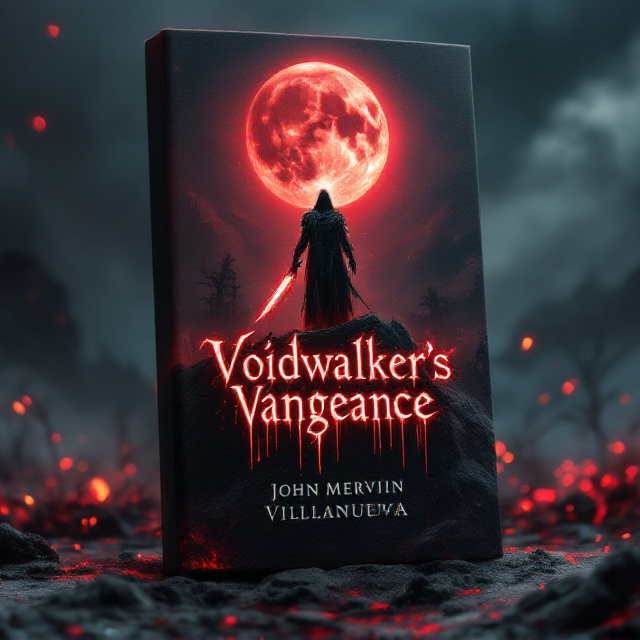 A lone figure dressed in tattered, shadow-like armor, standing on a jagged cliff with a crimson moon hanging ominously in a dark, stormy sky. The figure holds a glowing, ghostly blade, dripping with an ethereal black mist. Below the figure, the land is scorched red, with ruins and skeletal trees lingering in the distance. Shadows twist unnaturally, some forming whispering, distorted faces of betrayal around the edges. The title glows faintly in blood-red in the center, with embers scattered across the cover.