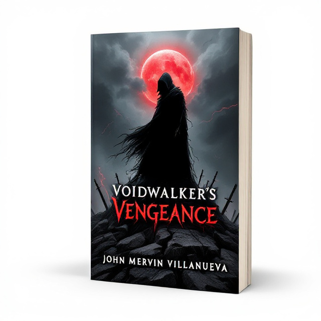A lone figure, shrouded in shadow, dominates the center of the cover, standing atop a jagged, broken stone surface. His silhouette is sharp and angular, with shadowy tendrils seeping from his form, conveying an aura of menace and betrayal. Behind him, a blood-red moon casts an eerie glow, illuminating stormy gray clouds streaked with crimson lightning. Beneath his feet, shattered weapons strewn across the ground symbolize the battles he’s endured. The overall color palette is a mix of deep blacks, rich reds, and metallic grays, creating a sense of gloom and vengeance.