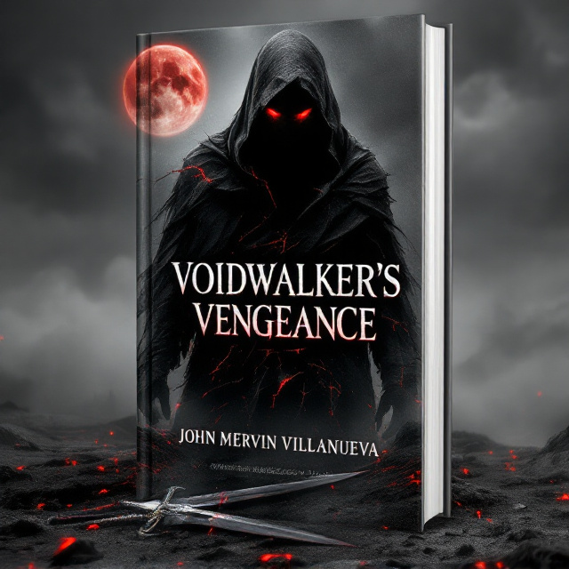 A cloaked figure with glowing red eyes stands on a desolate, ashen field shrouded in mist. Their shadow is fractured, showing shattered fragments of previous identities. In the background, a dim blood-red moon hangs low in a black and gray sky, partially obscured by swirling storm clouds. A broken sword lies in the foreground, with cracks seeping out red light symbolizing betrayal. Sharp, jagged streaks of red slash across the composition like claw marks.