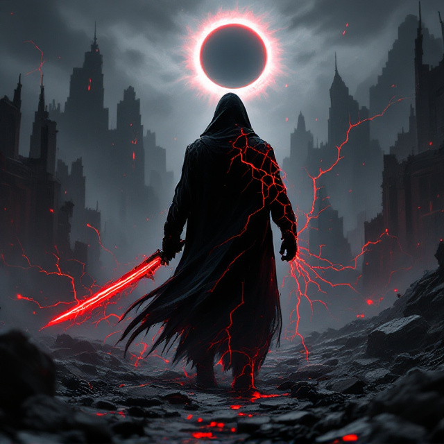 A shadowy figure of a cloaked Voidwalker, back turned towards the audience, standing amidst the ruins of a desolate city. Fiery-red streaks crackle across the gray and black environment, symbolizing vengeance. The figure wields a glowing crimson blade, which casts an ominous aura around them. The sky above is ominous, an eclipse glows faintly, adding to the air of desolation and betrayal. The bottom of the cover features fragmented debris and shattered chains, serving as a metaphor for vengeance breaking free.