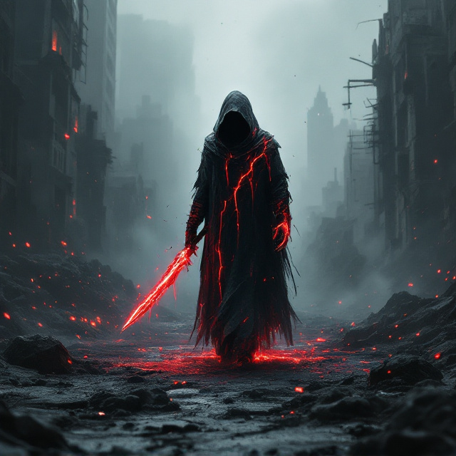 A lone, shadowy figure dressed in a tattered cloak emerges from a dark and desolate urban wasteland. The background depicts a ruined, post-apocalyptic city with collapsed skyscrapers and flickering red embers swirling in the ash-tainted air. The figure clutches a glowing crimson weapon, shaped like a blade, exuding an aura of rage and power. The faint silhouettes of faceless adversaries linger in the gray mist, creating an imposing sense of betrayal ahead. The title "Voidwalker's Vengeance" is cracked and fragmented in design, symbolizing the fractured world and the protagonist’s tormented psyche, while veins of glowing red light streak through the letters, exhibiting the "vengeance" theme.