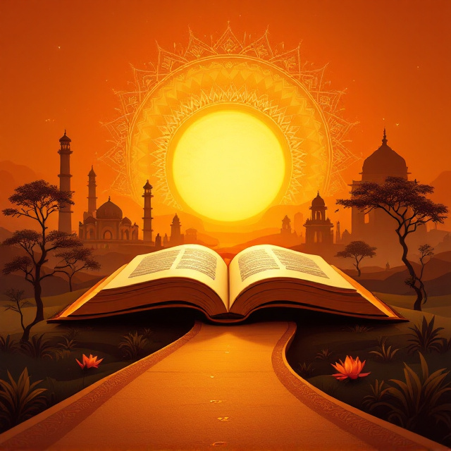 A deep orange and gold gradient background resembling the hues of dawn; a large rising sun at the center radiating warm beams. Below the sun, an open book emerges sitting atop a curved path that extends toward the horizon. The path is landscaped with silhouettes of trees on one side and symbolic illustrations of an Ashoka Chakra and lotus flower on another, while thin paisley motifs subtly intertwine along the edges like decorative frames. The book pages are faintly illustrated with historical landmarks—like the Taj Mahal and India Gate—almost blending into the gradient for a dreamlike feel. Ghostly silhouettes and faded portrait sketches line the path, invoking curiosity and introspection.