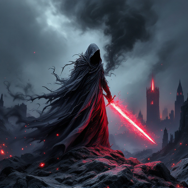 A dark, stormy sky looms over a ruined kingdom in the distance, emphasizing devastation and betrayal. At the forefront, a figure of a Voidwalker—cloaked in tattered, glowing gray and black magical energy—stands on jagged rocks. The shrouded figure holds a gleaming red sword pulsing with energy, symbolizing vengeance. Tendrils of black smoke swirl around the Voidwalker, spilling into the foreground like a menacing force. Red, glowing embers float across the cover, contrasting with the darker tones. The kingdom in the background features crumbled walls and a faint red light in the tallest tower, subtly hinting at the betrayal's source.