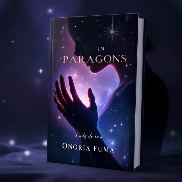 A shadowy silhouette of a woman’s hands in an elegantly poised gesture dominates the foreground, blending delicately into a gradient of deep, velvety purples and soft, glowing blues that hint at twilight. A faint shine of luminous white curves around the edges of her shadow, giving her form a miraculous aura. In the background, there are faint, starry embellishments that evoke a feeling of wonder and otherworldly intrigue. The overall tone is dark yet softened by velvety hues, exemplifying an ethereal elegance.