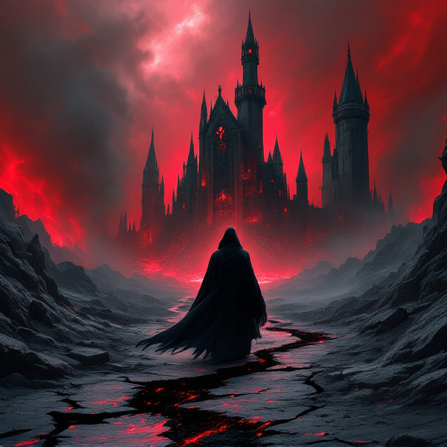 A desolate and crumbling magic kingdom under a blood-red sky. The shattered towers of a once-grand castle stand in the background, with black void-like energy swirling and pulsating ominously around them. In the foreground stands a cloaked figure, the titular Voidwalker, shrouded in shadows with glowing red eyes. A trail of blackened footprints leads from the figure toward the ruins. Cracks in the landscape emit a faint gray mist, lending an eerie, desolate atmosphere. Betrayal is conveyed through the backdrop of a scorched royal crest lying broken in the dirt.