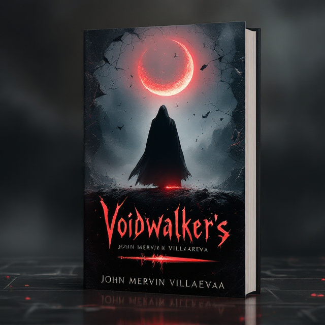 A shadowy figure stands at the edge of a shattered void, with fragments of an otherworldly world suspended around them in deep grays and blacks. Their silhouette is cloaked in crimson light, symbolizing a thirst for revenge and betrayal. The background fades into an ominous blend of smoky grays and reds, with faint, jagged cracks resembling broken glass or fractures in reality. A blood-red crescent moon is faintly visible in the sky above, emitting an eerie glow. In the foreground, a sharp sword tipped with crimson runs along the bottom edge, reflecting a partial shadow of the figure standing above.