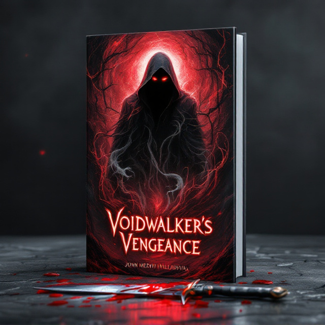 The cover features a cloaked figure with glowing red eyes, their silhouette emerging from a swirling black and red cosmic void. Jagged, ghostly gray tendrils snake out from the void, giving a sense of ominous movement. In the foreground, a broken blade lies shattered on the ground, with crimson droplets of blood scattered across it. Stark contrast is used between the shadows and the glowing red elements to invoke both betrayal and vengeance. The background fades into deep grays, with subtle textures resembling cracked stone.