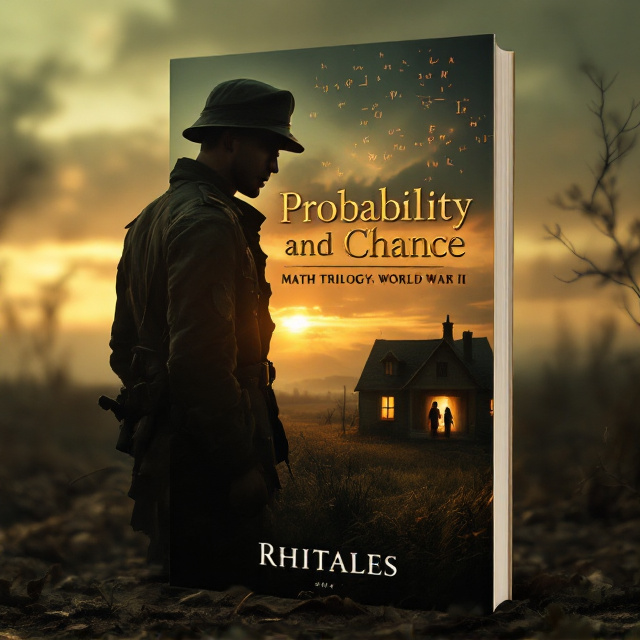 The cover displays a somber and emotional sunset battlefield scene in the background. A soldier in a tattered World War II uniform looms large in the foreground, his silhouette partly casting a shadow on a modest country home in the middle ground. Inside the house's window, the faint figures of a woman and a man embracing are blurred to suggest distance and heartbreak. The overall color palette utilizes muted tones of olive green, sepia, and gray, conveying a melancholic fantasy war atmosphere. Swirling, ghostly mathematical equations are subtly overlaid in the sky, representing the concept of "Probability and Chance.".