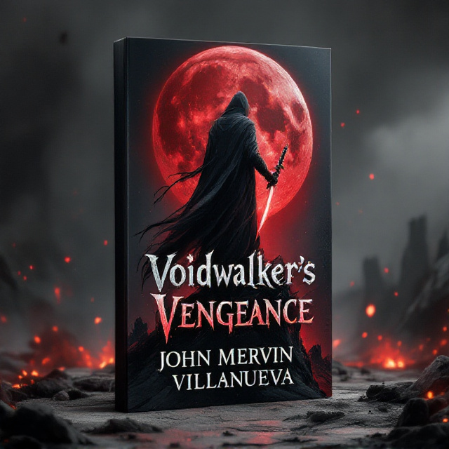 A shadowy figure cloaked in dark gray tattered robes stands atop a jagged cliff, silhouetted against a blood-red, fractured moon. In one hand, the figure holds a glowing crimson sword with black energy spiraling around it. The background features a desolate, gray wasteland scattered with ruined structures and firelit debris. Red mist weaves through the barren terrain, reinforcing the atmosphere of betrayal and vengeance. The edges of the cover fade into black, closing in on the central figure for dramatic intensity.