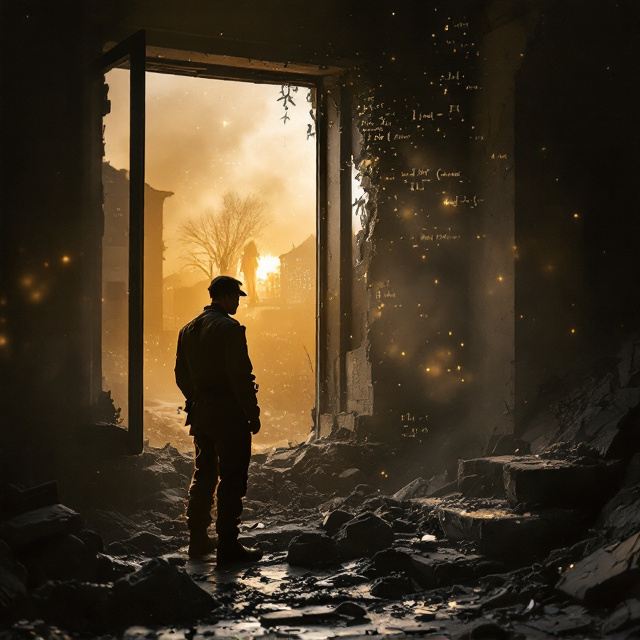 A lone WWII soldier, dirt-covered and weary, standing in the shadows of a partially destroyed home. In the foreground, visible through a broken window, there is a subtle silhouette of a happy couple (his wife with another man) embracing under warm lighting, symbolizing the heartbreak. The background is a muted war-torn village, covered in sepia tones that contrast with the brightness of the couple's scene. Woven throughout the cover, faint, glowing mathematical formulas and probability charts subtly blend into the smoky air, adding a surreal fantasy element tied to the "Math trilogy.".