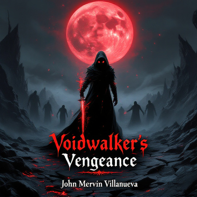 A lone, dark-cloaked figure with glowing red eyes stands on a desolate, cracked battlefield under a massive red moon that dominates the sky. The surrounding landscape is barren, with jagged shards of blackened rock and faint traces of a spectral mist swirling around. Shadows of twisted humanoid shapes loom in the background, subtly illuminated by the moonlight. The figure is gripping a long, jagged blade dripping with ethereal red energy, emphasizing a sense of danger and vengeance.