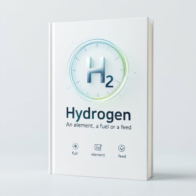 A clean white background with a sleek, metallic hydrogen molecule graphic (H2) centered and slightly enlarged. Thin, fluid lines radiate outward from the molecule in a soft gradient of blue and green, symbolizing energy and versatility. A translucent ring encircles the molecule, subtly evoking the concept of fuel and feed cycles. Below the molecule, minimalist icons representing "fuel," "element," and "feed" are placed with equal spacing.