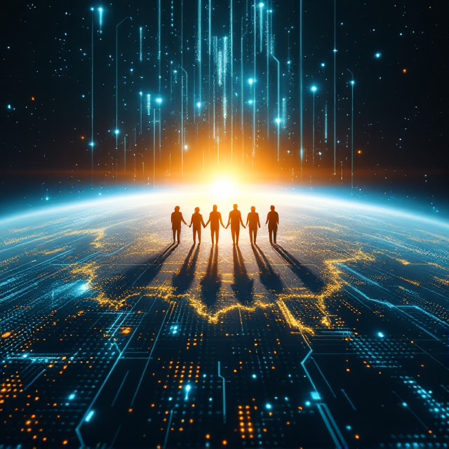 A vast, glowing Earth at the center of the cover, surrounded by a grid-like, translucent digital network with holographic AI circuits orbiting it. Above Earth's surface, several human silhouettes stand hand-in-hand, their forms merging seamlessly with lines of code that shoot upward, symbolizing the blend of humanity and AI. The background transitions from a deep midnight blue at the top to a radiant, golden sunrise near the bottom, creating a hopeful and upbeat atmosphere.