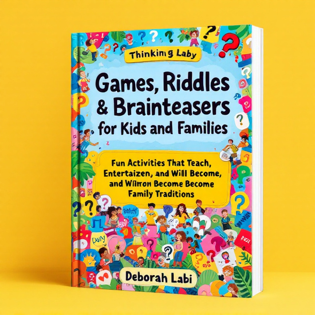 The cover features a lively and vibrant collage of various elements—colorful question marks, scattered word jumbles, and a few illustrated riddles or puzzles. These elements are interwoven with playful illustrations of children and families engaged in thinking games. The background is a bright gradient transitioning from sunny yellow to sky blue, enhancing the playful nature of the book.