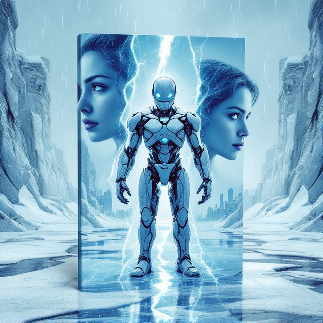 A stark, frozen wasteland stretches across the cover with jagged ice formations on either side and snow-covered ruins fading into the background. A pale blue sky with swirling snowfall caps the scene, with dark, shadowy edges to enhance the dystopian atmosphere. In the foreground, at the center, stands a humanoid robot, its metallic features frost-covered, with glowing blue eyes. On one side, half of a woman’s face appears distant and cold, while half of a man’s face mirrors her on the other, both facing away. An icy crack separates their visages. The frozen ground resembles a shattered mirror, leading to faint city ruins in the distance, while a small warm light glows subtly beyond.