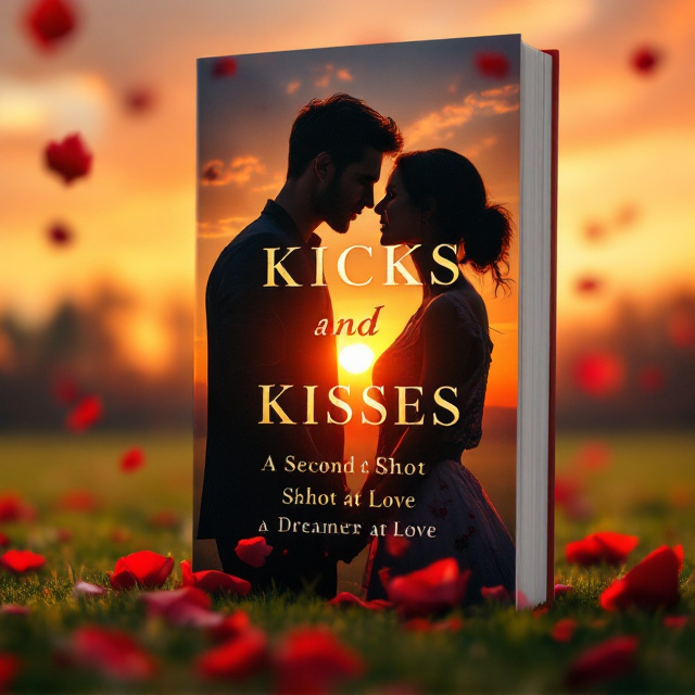 A couple silhouetted against a vivid sunset on a soccer field, their figures close but not quite touching to reflect the emotional tension. Faintly in the background, scattered petals of red roses blend into the sky, signifying both romance and heartbreak. The field is slightly blurred to evoke nostalgia, with the warm light casting an aura of hope and redemption.