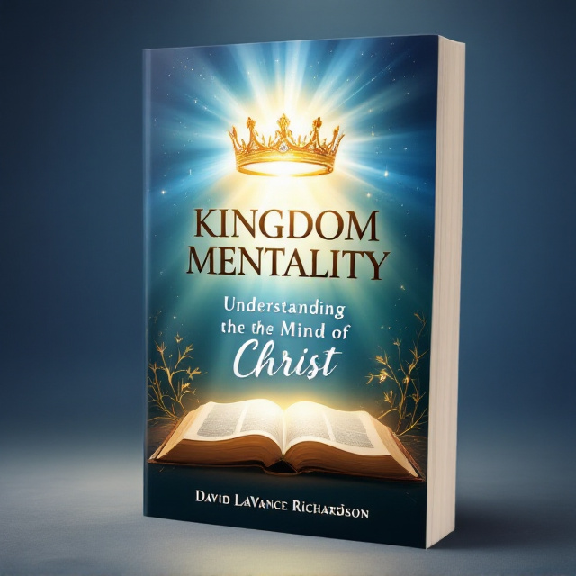 A glowing crown made of radiant light hovers over an open Bible with ethereal rays emanating from it. The background fades from deep, rich blue at the top into soft, angelic white towards the bottom, symbolizing a heavenly transition. Subtle vines or branches intertwined with gold accents frame the design to symbolize growth and spiritual nourishment.