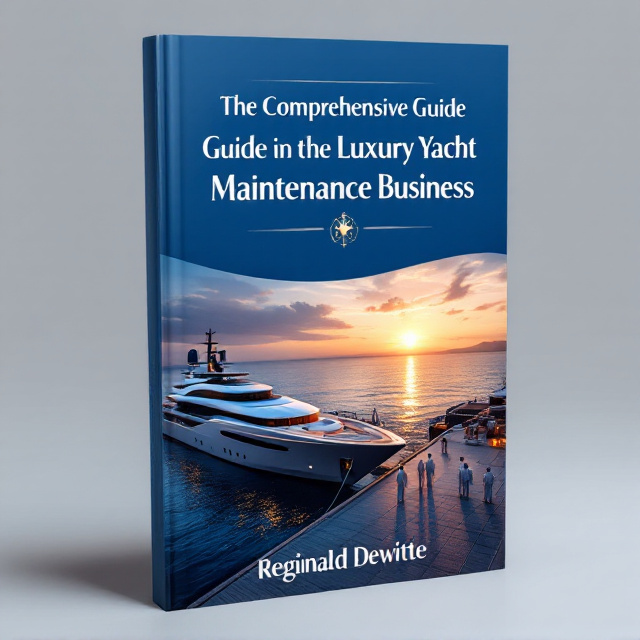 A serene ocean scene with deep blue tones dominating the top half of the cover. A sleek mega yacht is parked at a luxurious dockyard on the left, glistening under the golden glow of a setting sun. On the right side of the dockyard, a small group of crew members in white uniform are engaged in maintenance work, creating an atmosphere of professionalism. The background is expansive, showcasing distant sparkling waves and a horizon line blending into the soft orange gradient of the sky.