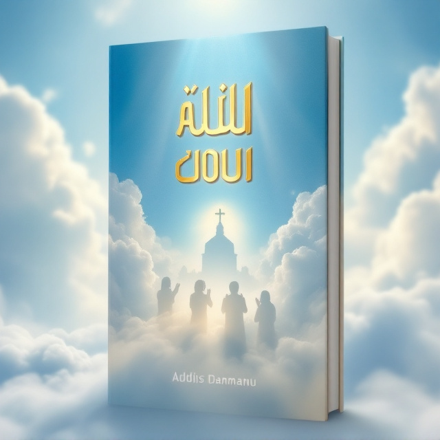 A serene and ethereal scene with a white and blue color scheme. The background consists of fluffy, soft clouds blending into a bright blue sky. In the center, a faint silhouette of Ethiopian Orthodox worshipers praying in a church, hands raised or clasped, is visible, partially veiled by the misty clouds. The foreground shows the architectural details of the Ethiopian Orthodox church, such as the unique dome or cross, faintly emerging.