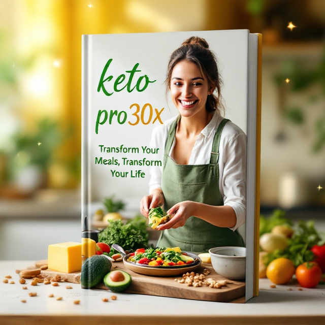 A vibrant, inviting kitchen setting with a happy woman in her mid-30s smiling as she prepares a colorful keto dish. Fresh vegetables, avocado, nuts, and a block of cheese are visible on the countertop to reinforce the keto theme. The background includes soft, warm tones of yellow and white, illuminated by natural light coming through a nearby window.
