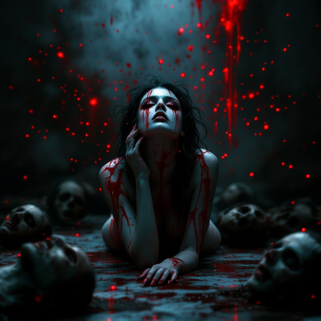 A dark, haunting scene featuring a glamorous model in a studio setting, her porcelain-like skin contrasted beautifully against deep shadows. Her stunning makeup is smudged, creating an eerie and chaotic effect, with blood dripping down her cheek and neck. Surrounding her are lifeless bodies scattered on the floor, their faces marked with envy and horror. The background is atmospheric and dimly lit, providing a sharp focus on the model. Splashes of red across the dim background vaguely resemble bleeding stars, echoing the title.