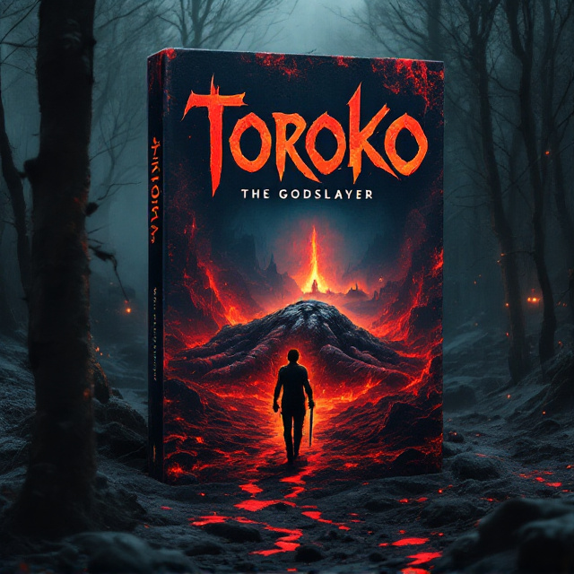 A dusky forest scene dominates the cover, lit dimly by a crimson hue from an unseen source. The foreground shows an ember-glowing void-battered corpse of a gargantuan dead god sprawled across jagged terrain. A solitary male figure with a bloodied sword walks directly toward the reader, leaving a trail of footprints in ash. In the background, a distant clan camp flickers faintly like dying fireflies, emitting both warmth and desolation. Shadow-like chaos swirls around the edges of the cover, adding tension and an ominous vibe.