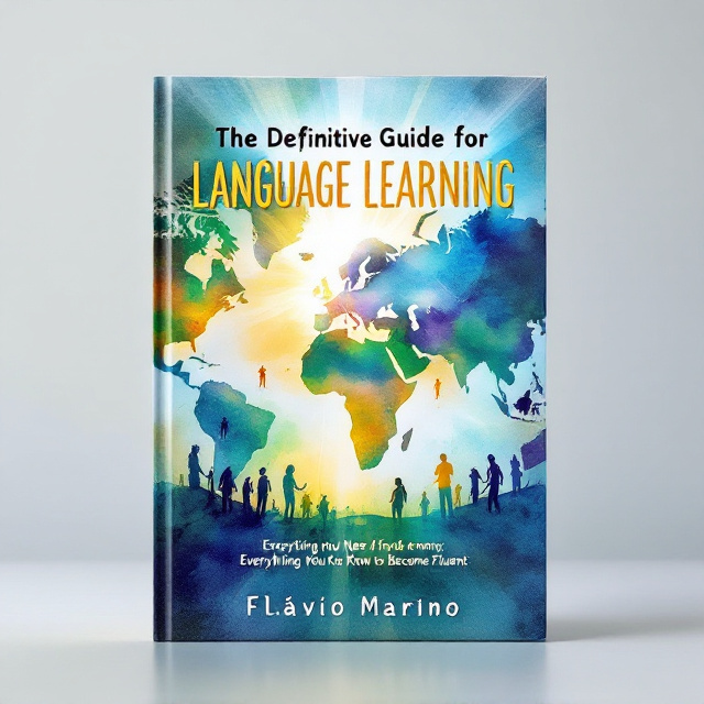 A vibrant world map in watercolors forming the background, blending shades of blue, green, and gold, symbolizing diversity and exploration. Silhouettes of people engaging in various activities like speaking, writing, and reading are subtly placed around the map, illustrating the process of language learning. Rays of light emanate from the title, symbolizing inspiration and growth.
